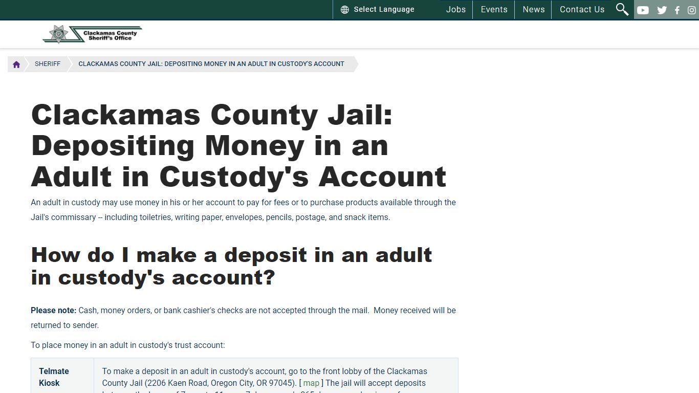 Clackamas County Jail: Depositing Money in an Adult in ...