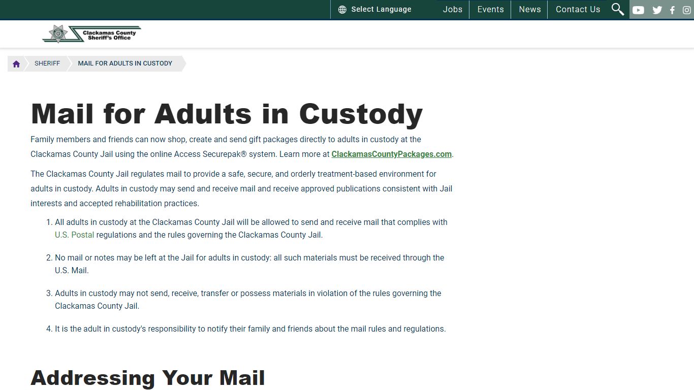 Mail for Adults in Custody | Clackamas County